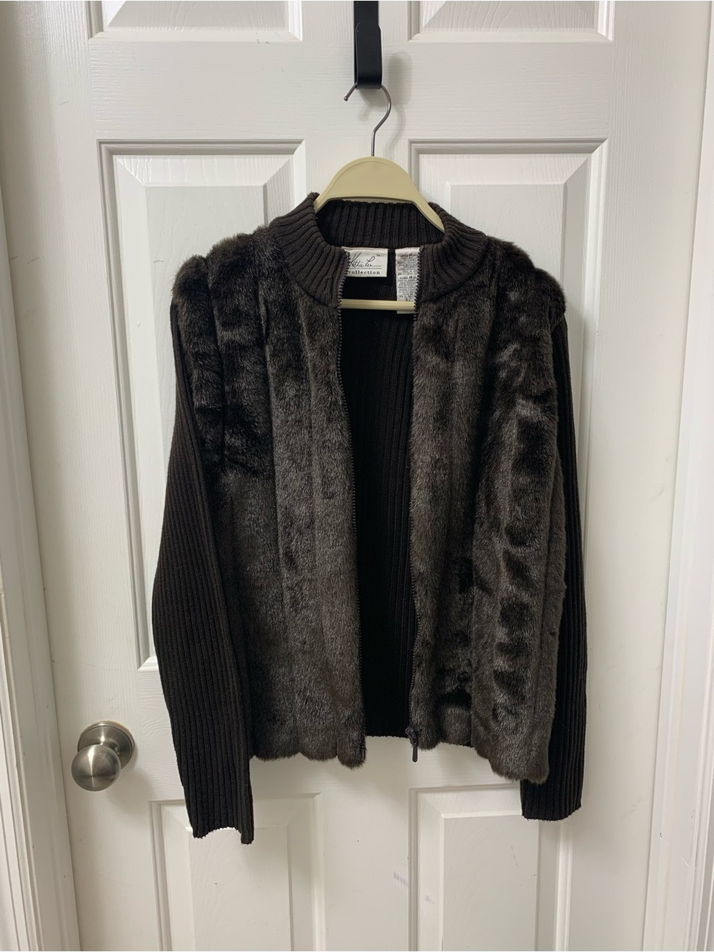 Vintage Kathie Lee Collection Faux Fur Front Rib-Knit Cardigan- Dark Brown
